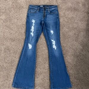Stylish Blue Flare Wide Leg Jeans with Distressed Details